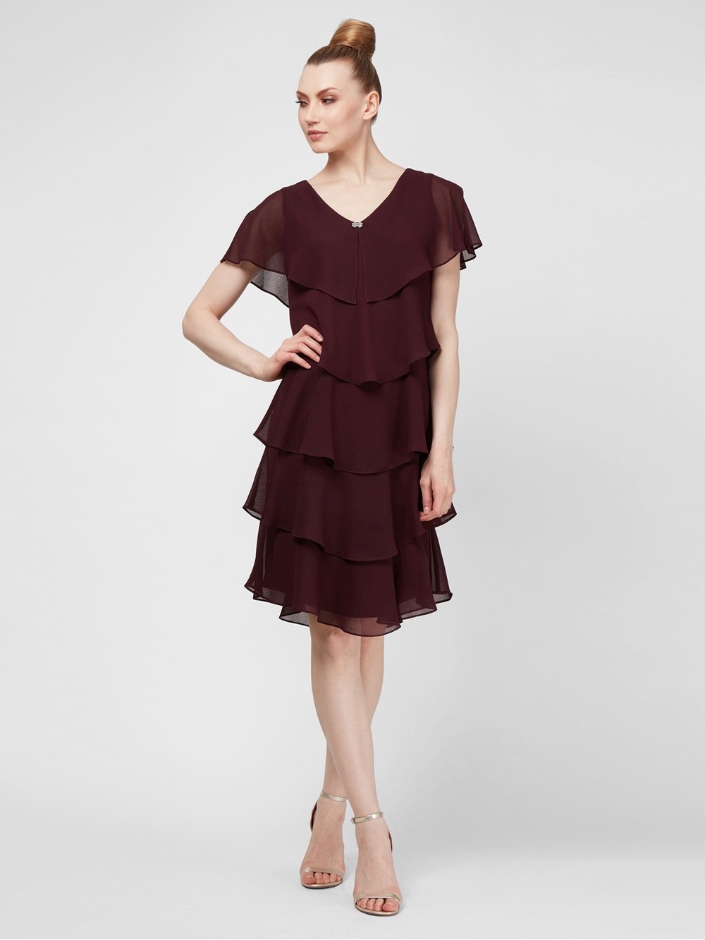 S.L. Fashions Plum Burgundy Tiered Chiffon Capelet Dress - Rhinestone Brooch 8